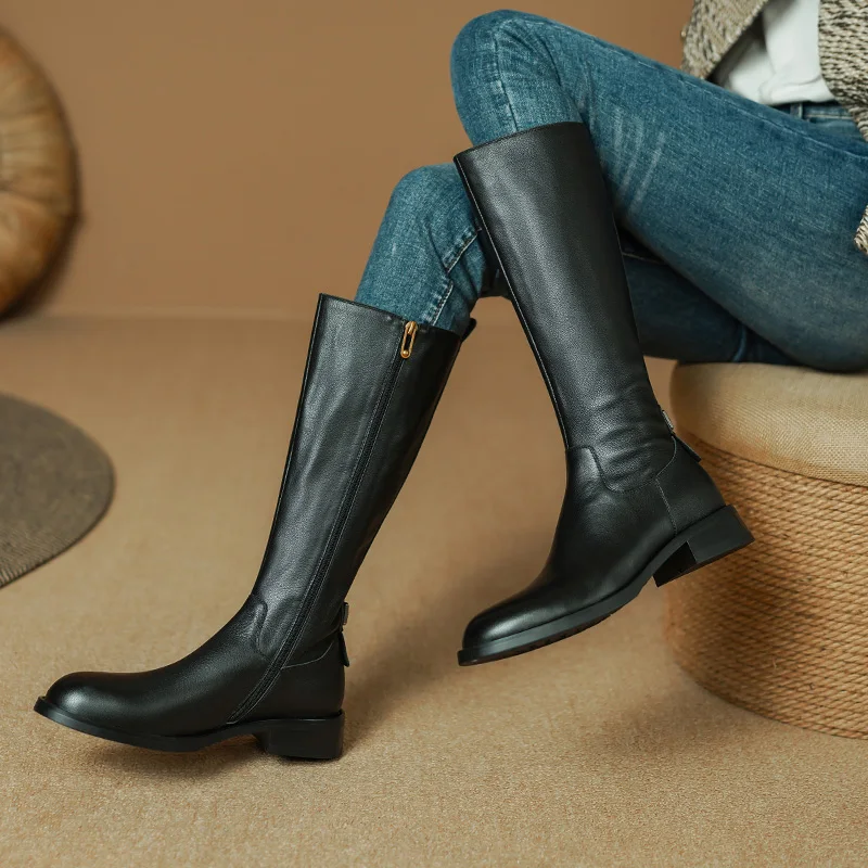 2023 Womens Boots Genuine Leather Knee High Boots for Women Thick Heeled Autumn Winter Warm Shoes Woman High Motorcycle Boots