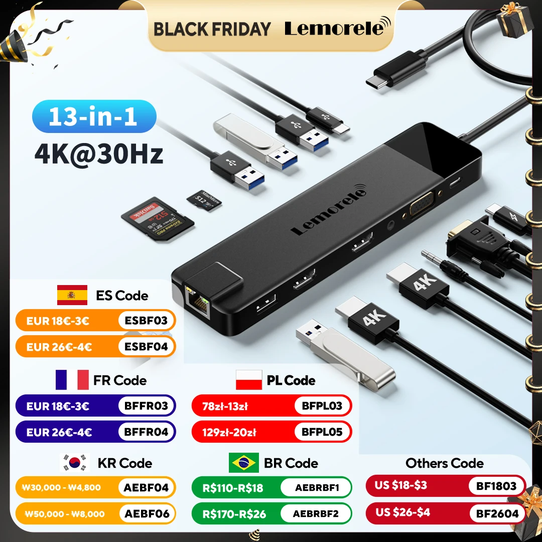 

4K USB Hub USB C to Dual HDMI VGA Gigabit Docking Station USB 3.0 VGA Adapter SD Card Readers for Windows Laptop