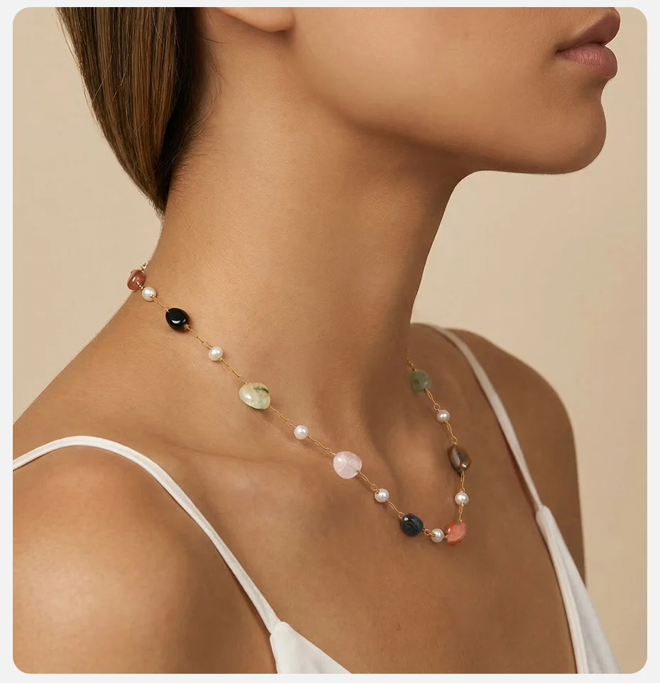 Vnox Minimalistische Halskette mit Imitationsperlen und Natursteinen, Sommerlicher Neuer Stil, Unregelmäßiges Design, Schlüsselbeinkette, Feiner Schmuck – Detail 3