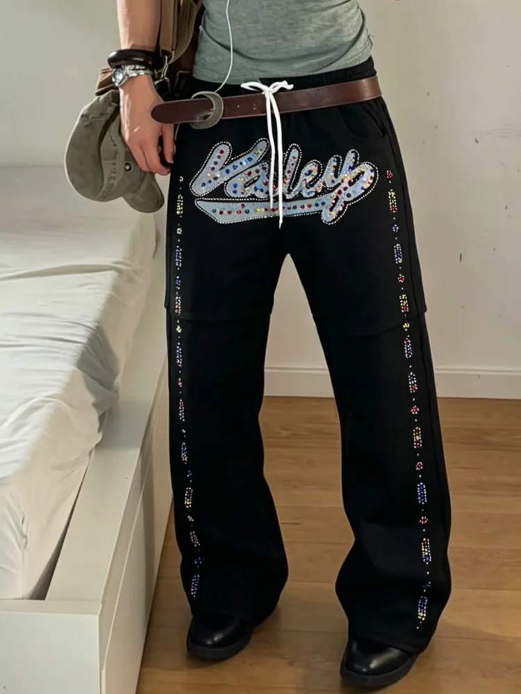 Y2K Streetwear Waist Drawstring Colorful Rhinestone Cursive Logo Dual Side Vertical Gem Strip Loose Straight Track Pants