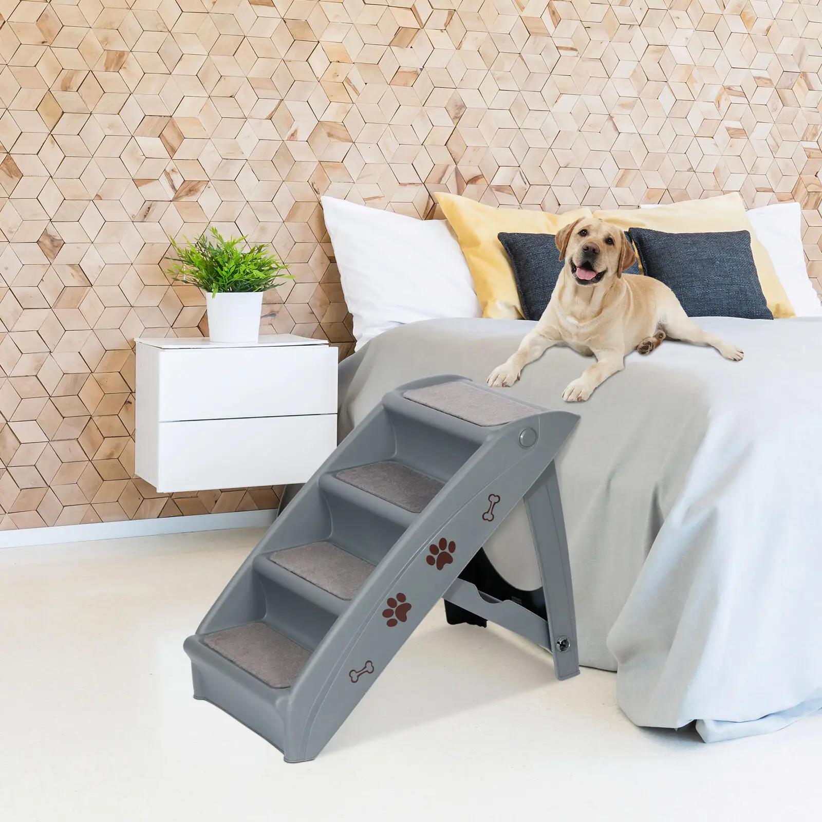 US Foldable Dog Ladder Pet Stairs Anti-Slip with 4 Steps for High Bed Sofa Grey