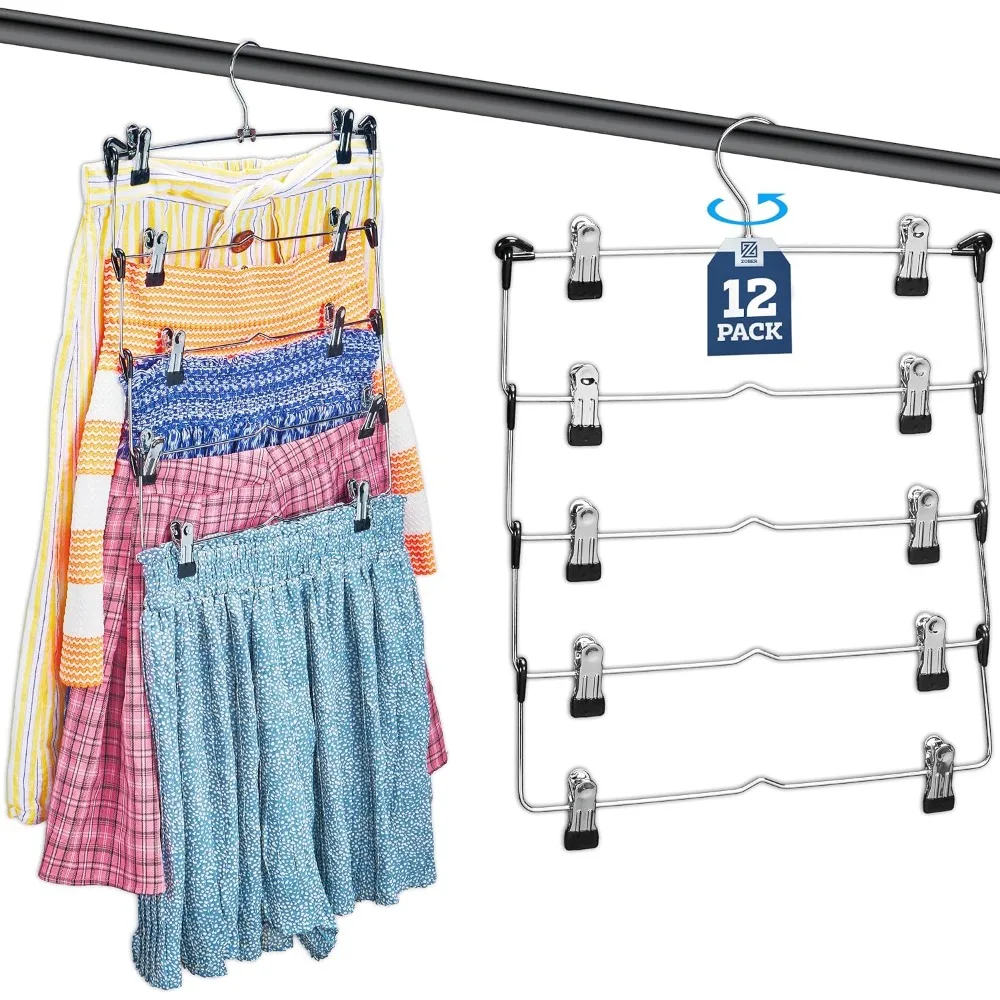 

Zober 5-Tier Skirt Hangers with Clips - Metal, Non-Slip Space Saving Pants Hangers W/Adjustable Clips & Swivel Hooks