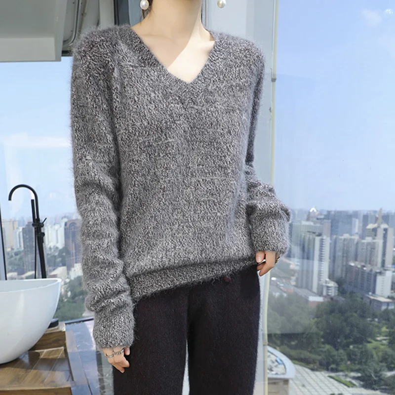 Mink Cashmere Sweater, Sweater for Women, Knit Pullover long sleeve, Pretty Colored Yarn, Autumn and Winter Loose V-Neck Top