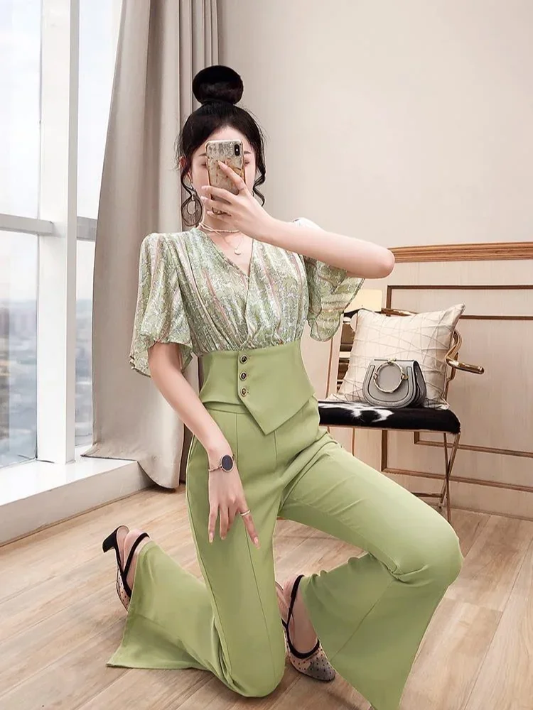 Holiday Trousers Woman Outfits Green Printing Top And Pant Sets For Women 2 Pieces New In Matching Groups Offer Korean Style Of