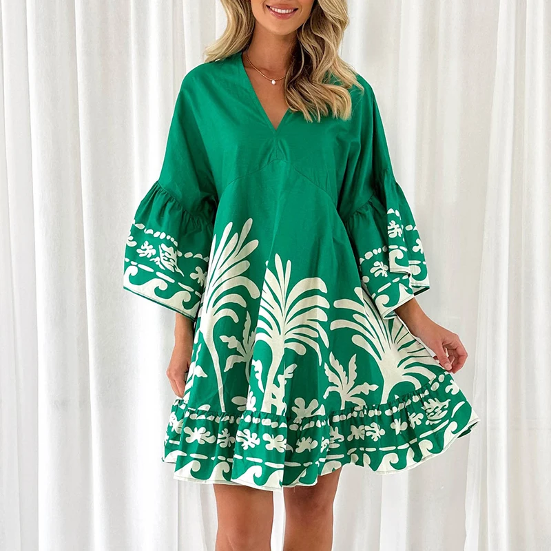 Casual Flared Sleeves Pleated Mini Dress 2025 Fashion Pattern Print Party Dress Women Elegant V-neck Ruffle Loose A-Line Dresses