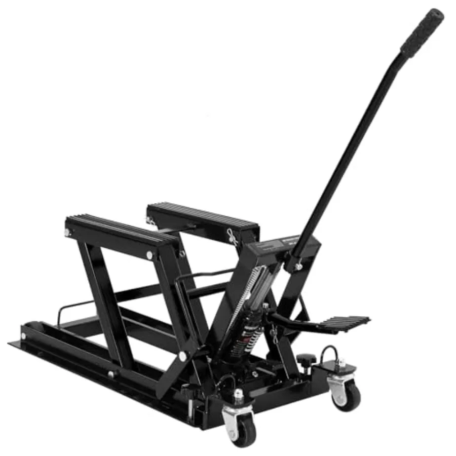 

Гидравлический подъемник для мотоциклов на 1500 фунтов с ножной педалью, портативный ножничный подъемный стол для квадроциклов с колесами и ручкой, сверхмощная подъемная платформа