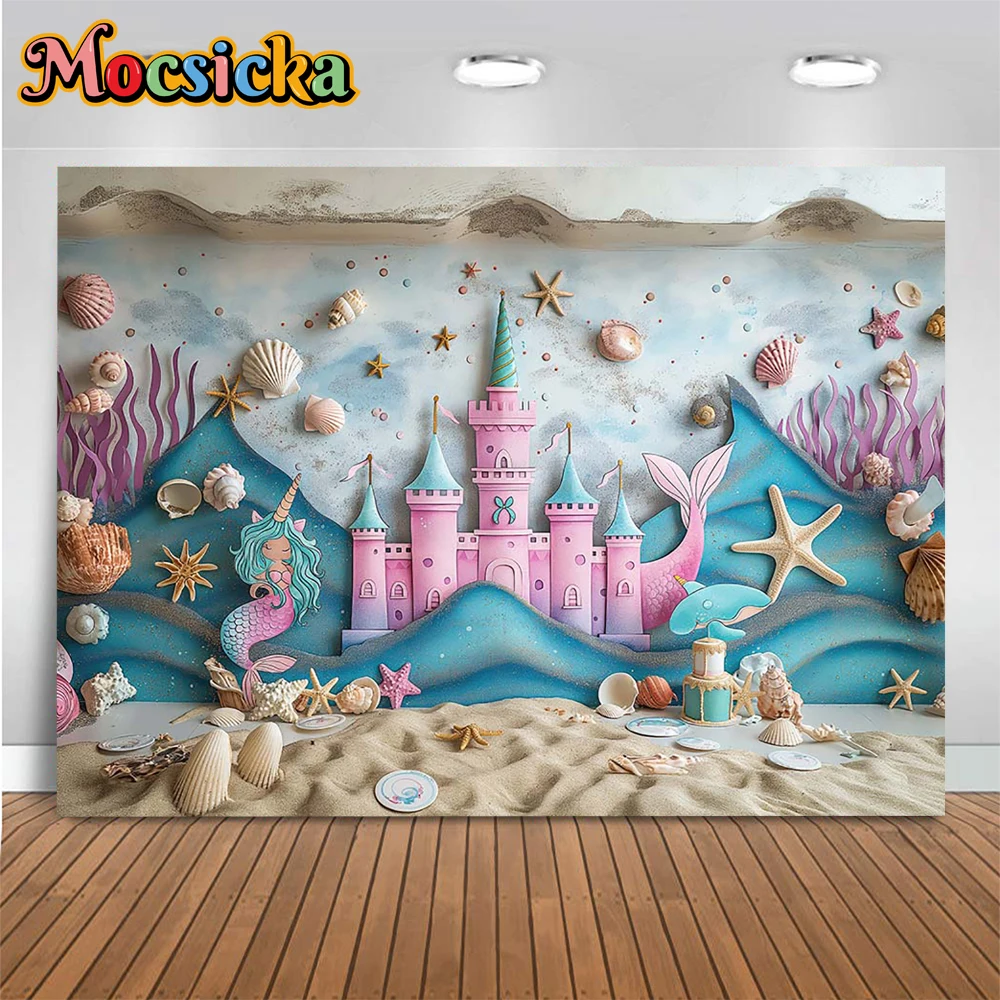 Summer Beach Castle Background for Mermaid Girl Birthday Party Backdrop Decor Banner Kids Cake Smash Studio Photography Props