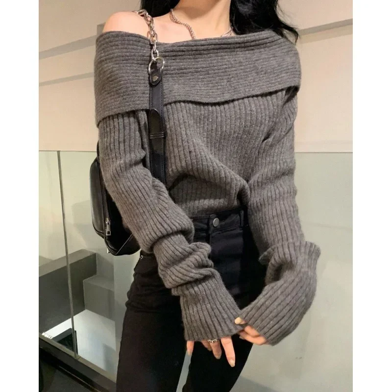 

Sweater Women Sexy Off Shoulder Loose Korean Fashion Knitwear Autumn and Winter Thickened Pullover Sexy Female Y2k Top 2023 New