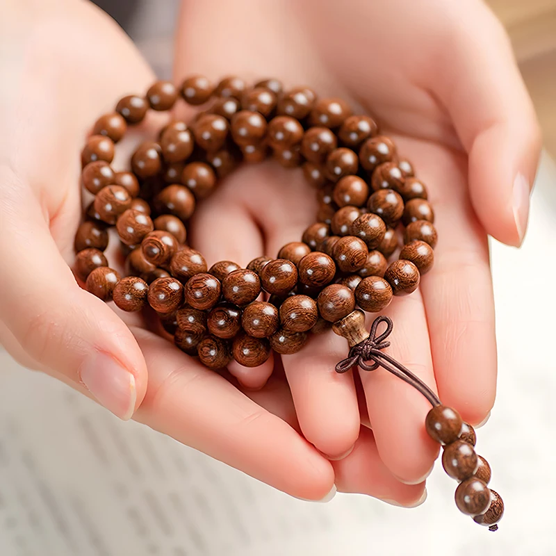 Natural Wooden Bead Bracelets for Women and Men Sandalwood 8mm 108 Mala Round Beads Buddhist Prayers Meditation Elastic Bracelet