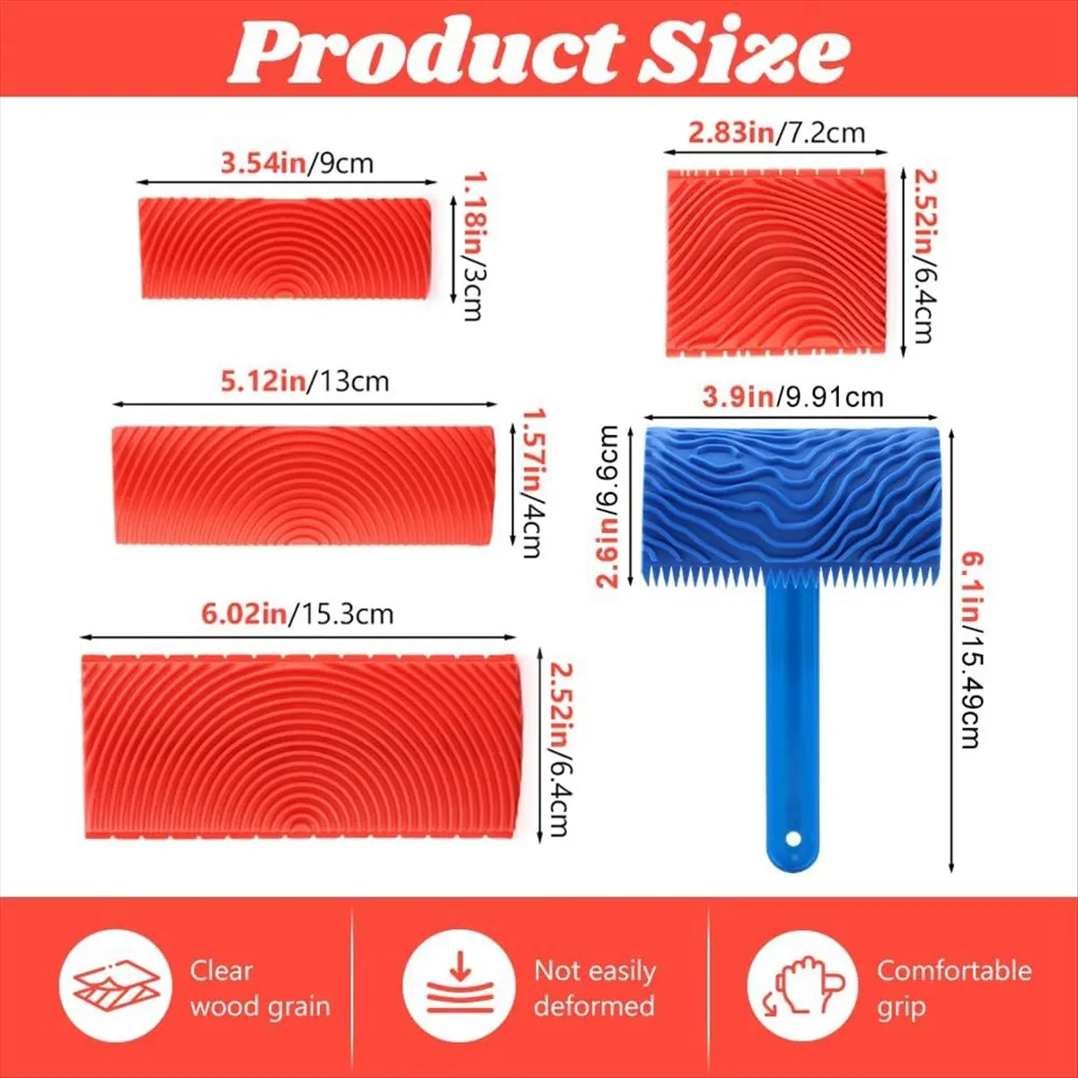 5 Pack Wood Grain Tool,Woodgraining Tool Kit,Texture Pattern with Handle Roller Rubber Empaistic Graining Tool