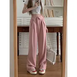 Blazer Pants Office Lady Pocket Straight Mopping Pants High Waist Loose Streetwear Y2K Baggy Wide Leg Trouser Ladies Summer