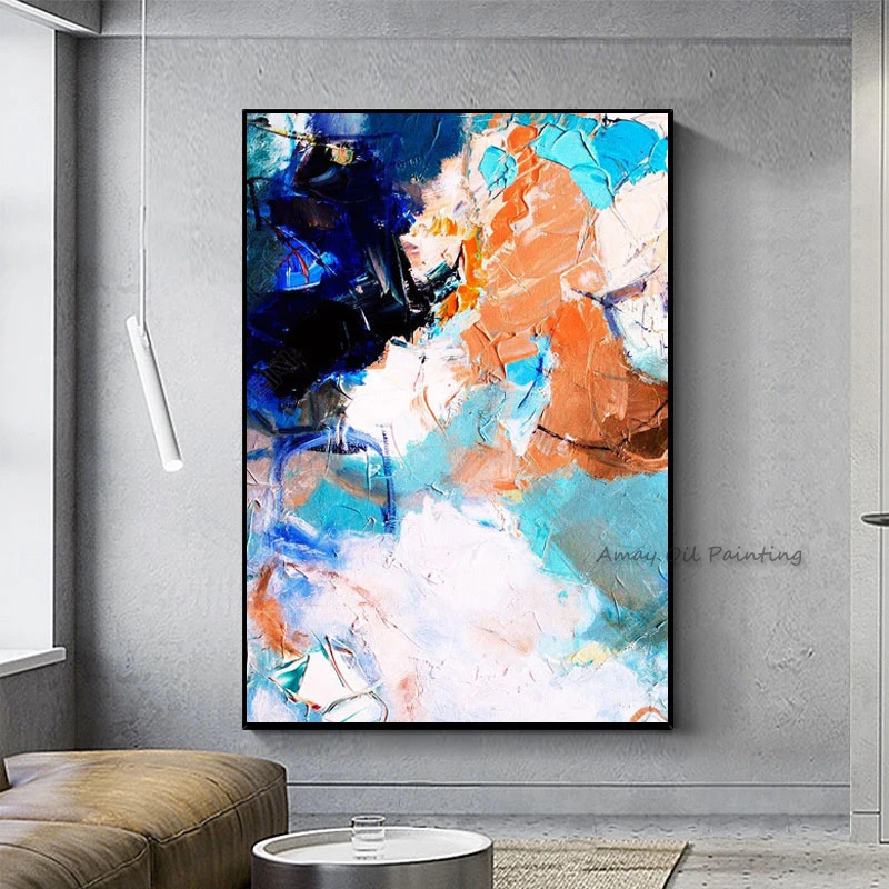 Handpainted Modern Wall Paintings Thick Solid Orange Yellow And Blue Oil Painting Simple Abstract Oil Painting Art Home Decor