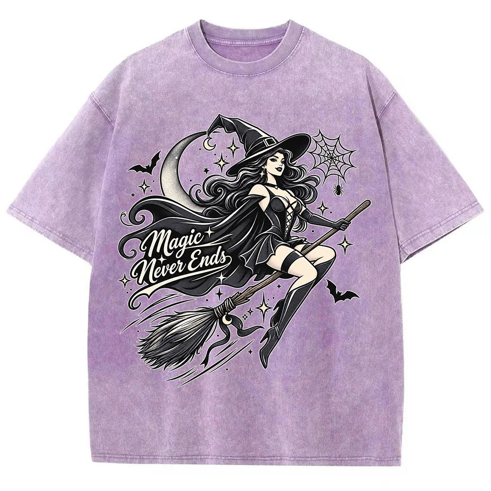 Acid Washed Graphic Tee Women Vintage Witch Magic Never Ends Print Short Sleeve Goth Halloween Streetwear Loose Oversize Top