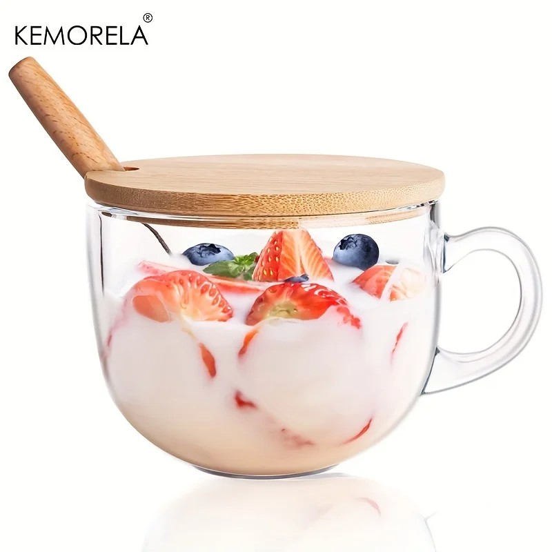 

KEMORELA кружка с крышкой и ложкой 400 мл, стеклянная кружка для кофе, кружка для завтрака, овсяной муки, прозрачная стеклянная кружка для молока, овсяной муки