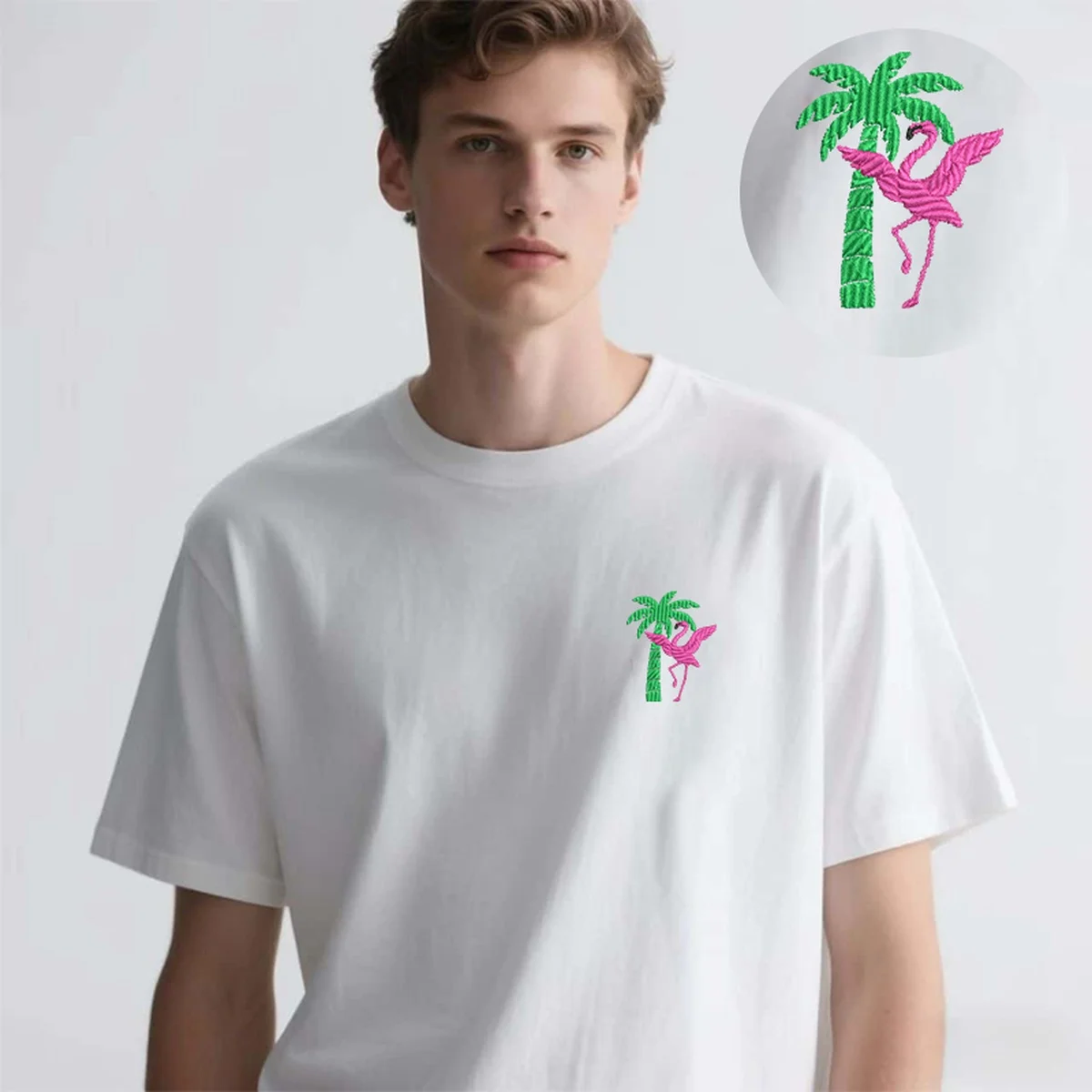 

Men Women Tropical Flamingo Coconut Samba Embroidery Cotton T Shirt - Exquisite Embroidered Top Tees for Beach Vacation T-Shirts