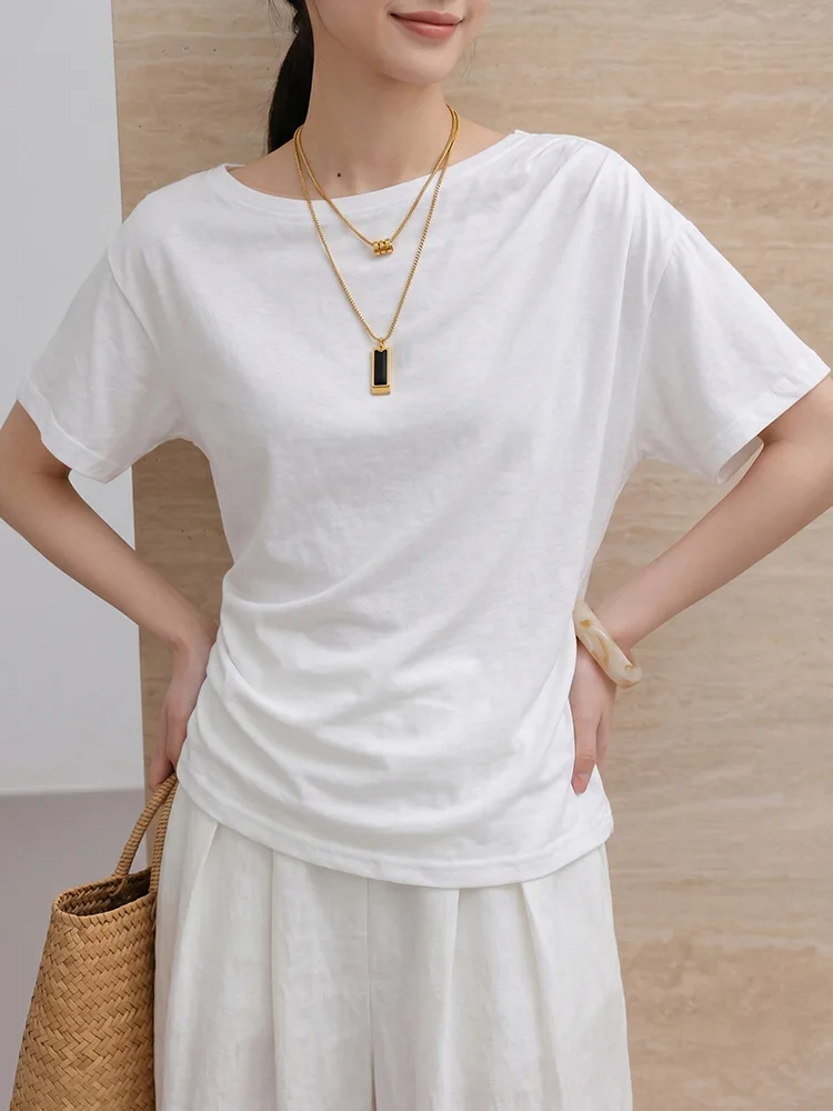 Minimalist Blue Off Shoulder Ruched T-shirt Short Sleeve Diagonal Neck Asymmetric Hem Casual Cotton Top Women Elegant Summer Tee