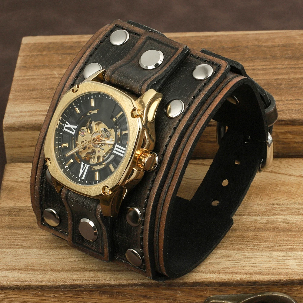 Vintage Leather Bund Strap Men's Watchband 20mm Cuff Watch Strap With Mat Double Buckle Rivet Wrist Band Handmade Bracelet