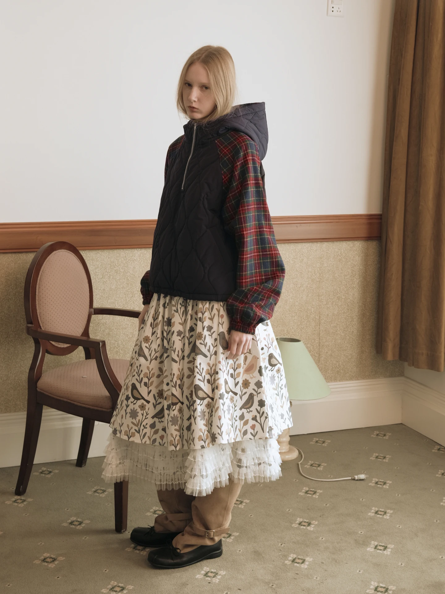 

Теплое шерстяное хлопковое пальто с капюшоном, мятно-бежевое, с молнией, в стиле пэчворк, в клетку, молодежное, ретро, с длинными рукавами