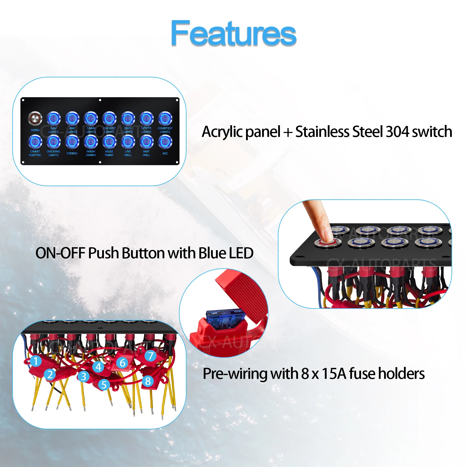 16 Way Push Switch Panel Waterproof IP67 Marine Nav Anc Light Bilge Pump Horn Momentary Button For Boat Yacht RV Van Camper