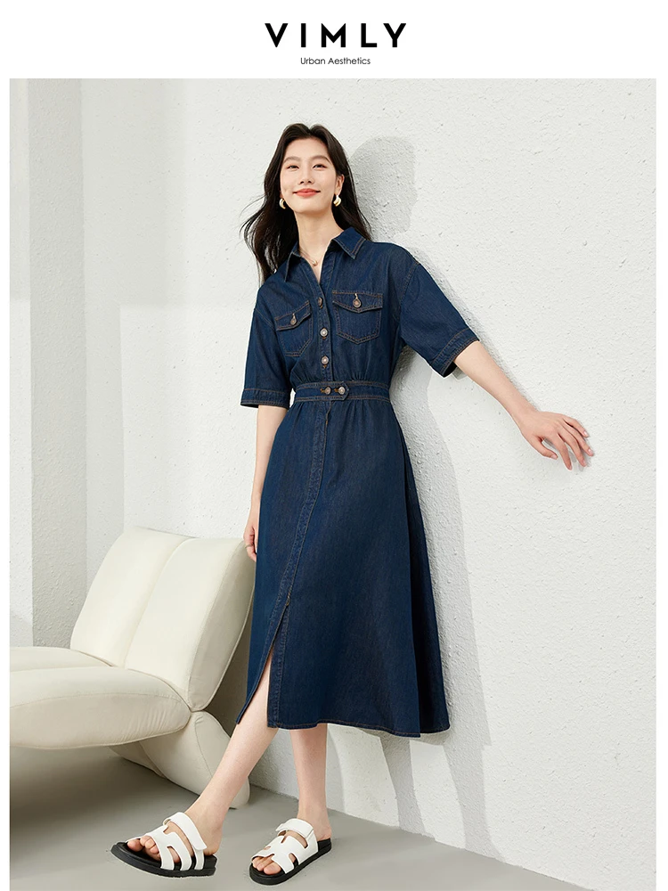 Vimly Summer Lapel Short Sleeve Cotton Denim Shirt Dress 2024 Single Breasted Pockets Casual Midi Jeans Dresses Woman 72997