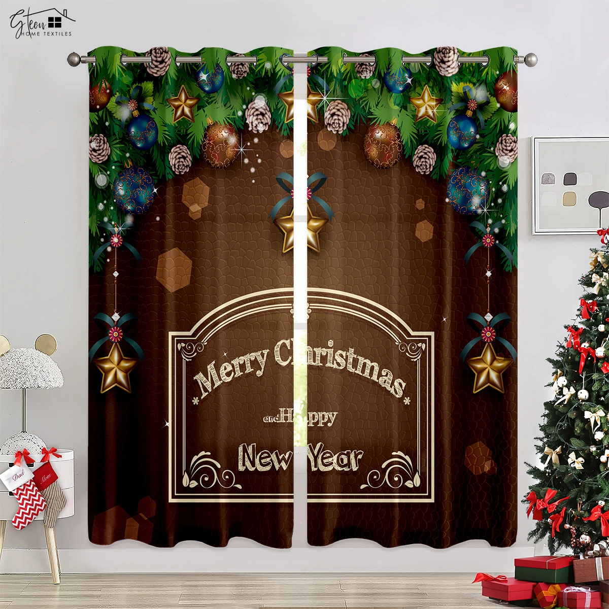 

Christmas Decoration Curtains Christmas Tree Santa Claus Gift Elk Fireplace Snowflakes New Year Festival 3D Printing Curtains