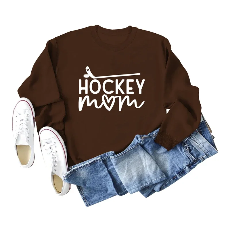 New Fashion Women Autumn and Winter Cotton Large Size Letter Hockey Mom Print Long Sleeves Retro Crewneck Sweatshirt Hoodie