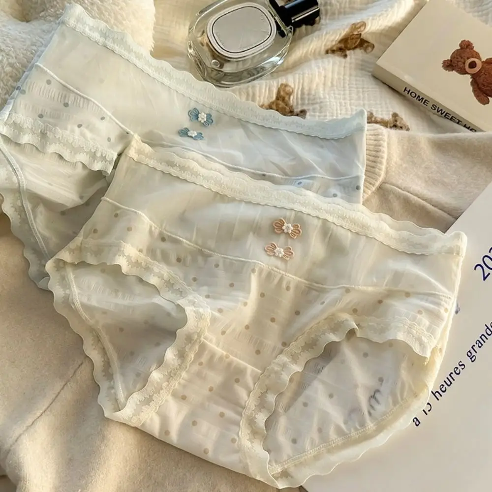 تنفس منتصف الخصر الدانتيل شبكة سراويل شفافة مريحة الحلو كشكش ملخصات نقطة الملابس الداخلية رقيقة الملابس الداخلية النساء الصيف #2