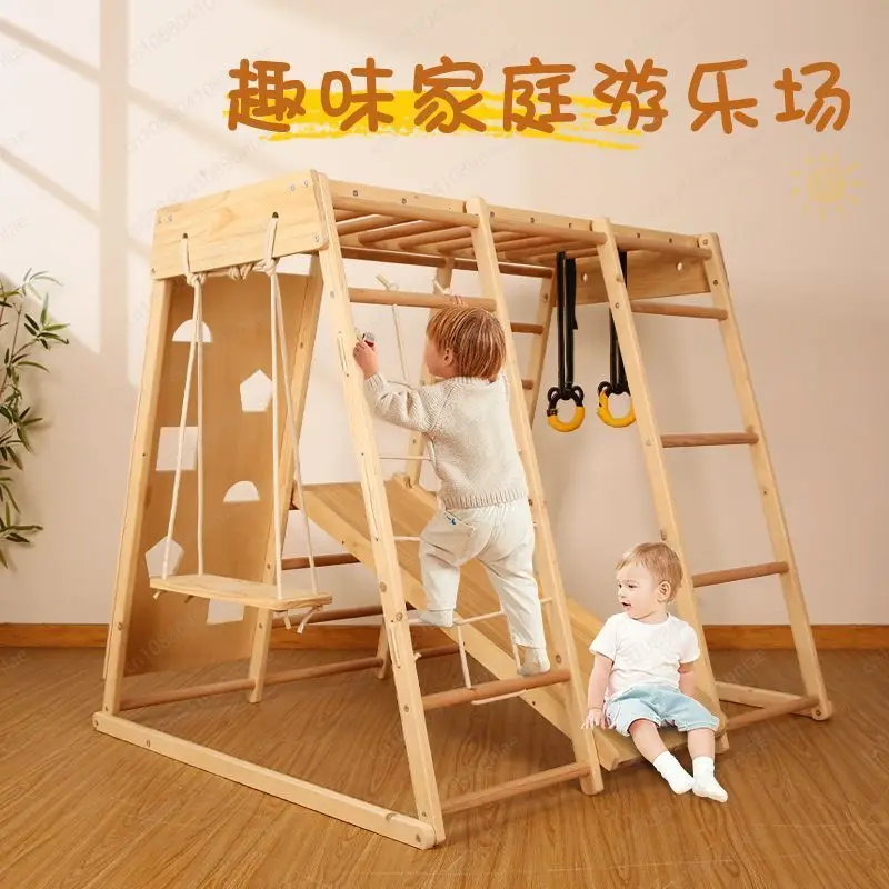 Multifunktionales Klettergerüst aus Massivholz, Indoor-Schaukelkombination, Familien-Vergnügungspark-Rutsche