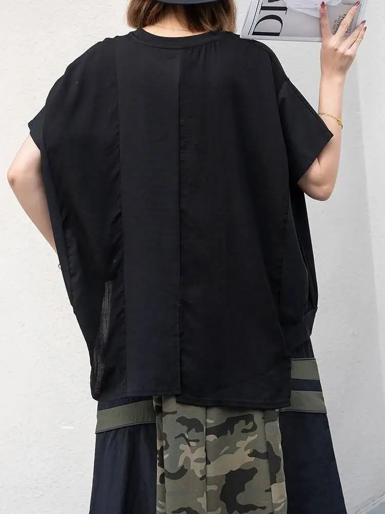 Irregular Women Black Hem Big Size Casual T-shirt New Round Neck Short Sleeve Fashion  Spring Summer 2026 4AZU