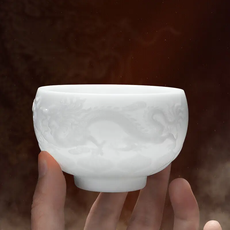 Taza de té china, taza maestra de porcelana, dragón tallado, taza china blanca, cerámica, 170ml