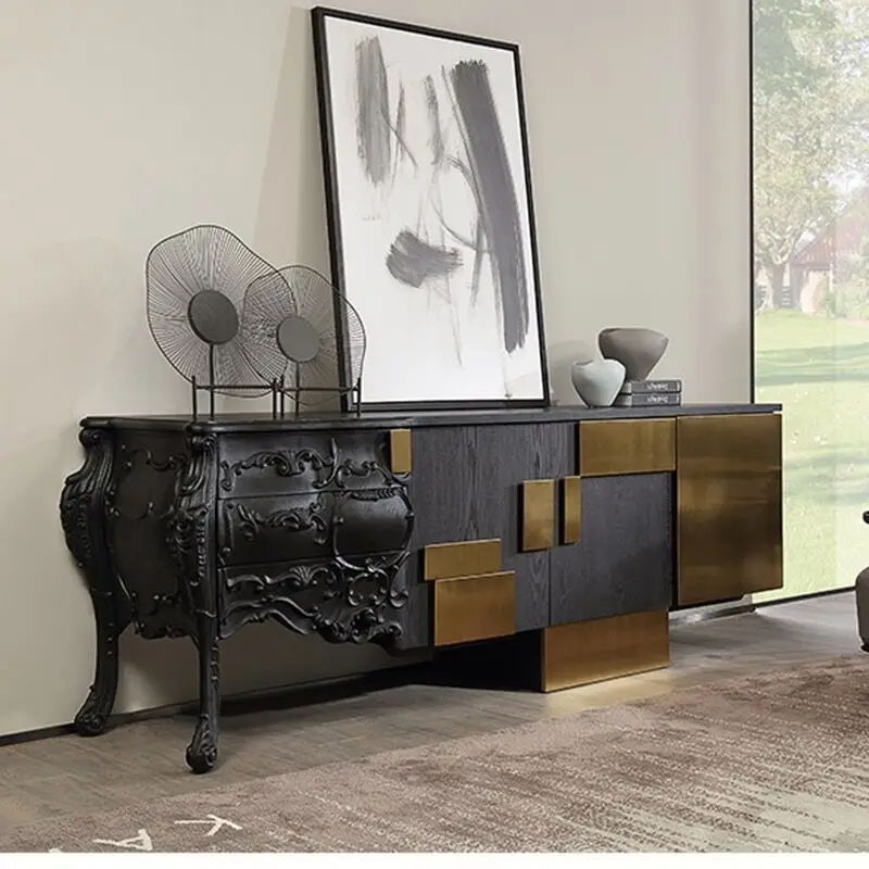French Neoclassical Solid Wood Carving TV Cabinet European American Log Light Luxury Entrance Cabinet Personality
