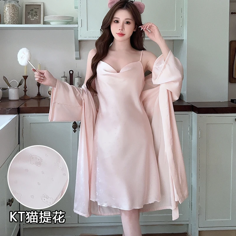 DAIMELU summer ice silk swinging collar suspender nightgown girls senior sense sweet bow jacquard sleepwear set pajamas suit