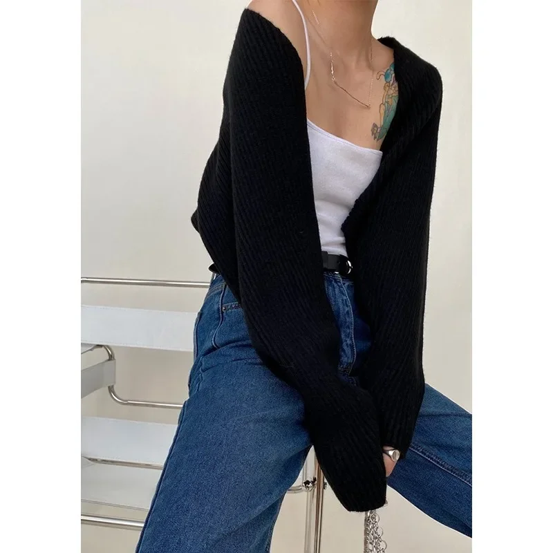 Women Short Cardigans Autumn Ultra-short Sweater Coat Long Sleeve Loose Knitted Crop Top Solid Color Sexy Cardigan Sweaters Top