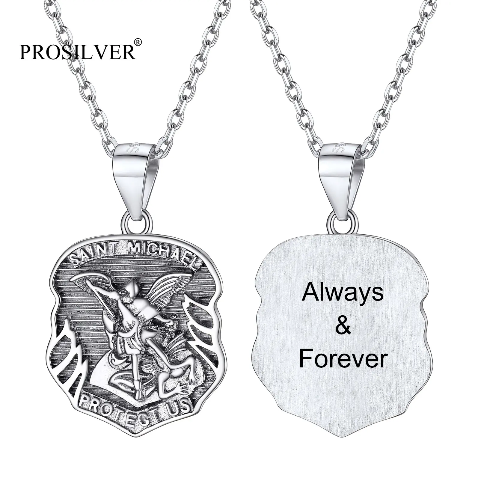 PROSILVER 925 Sterling Silver Saint Michael Pendant Necklace for Men Women Custom Sheild Amulet Catholic Religious Jewelry Gift