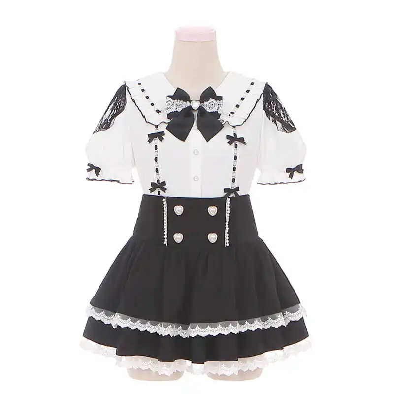 Original japonês minas estilo produzido em massa arco boneca colarinho manga curta único breasted doce versátil camisa superior feminino verão