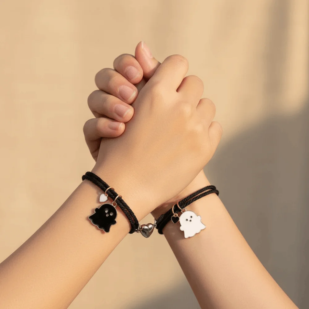 Halloween Cartoon Ghost Magnetic Rope Bracelet Love Heart Magnet Multicolor String Magnetic Bracelet Black White Ghost 1 Pair