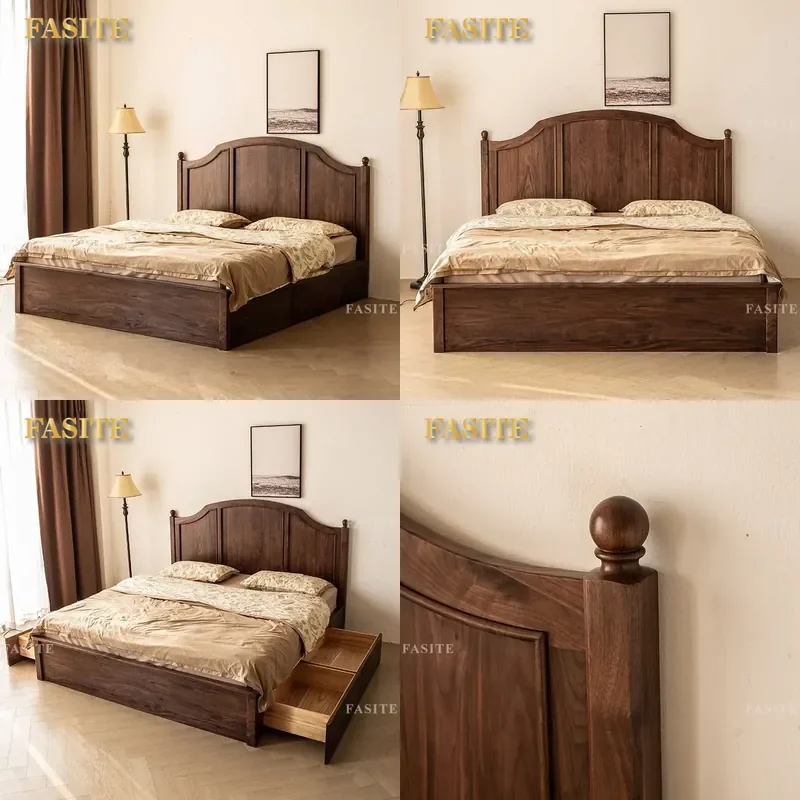 For American Retro North American Black Walnut Double Bed High Box Storage Bed Master Bedroom Small Apartment Furniture Space