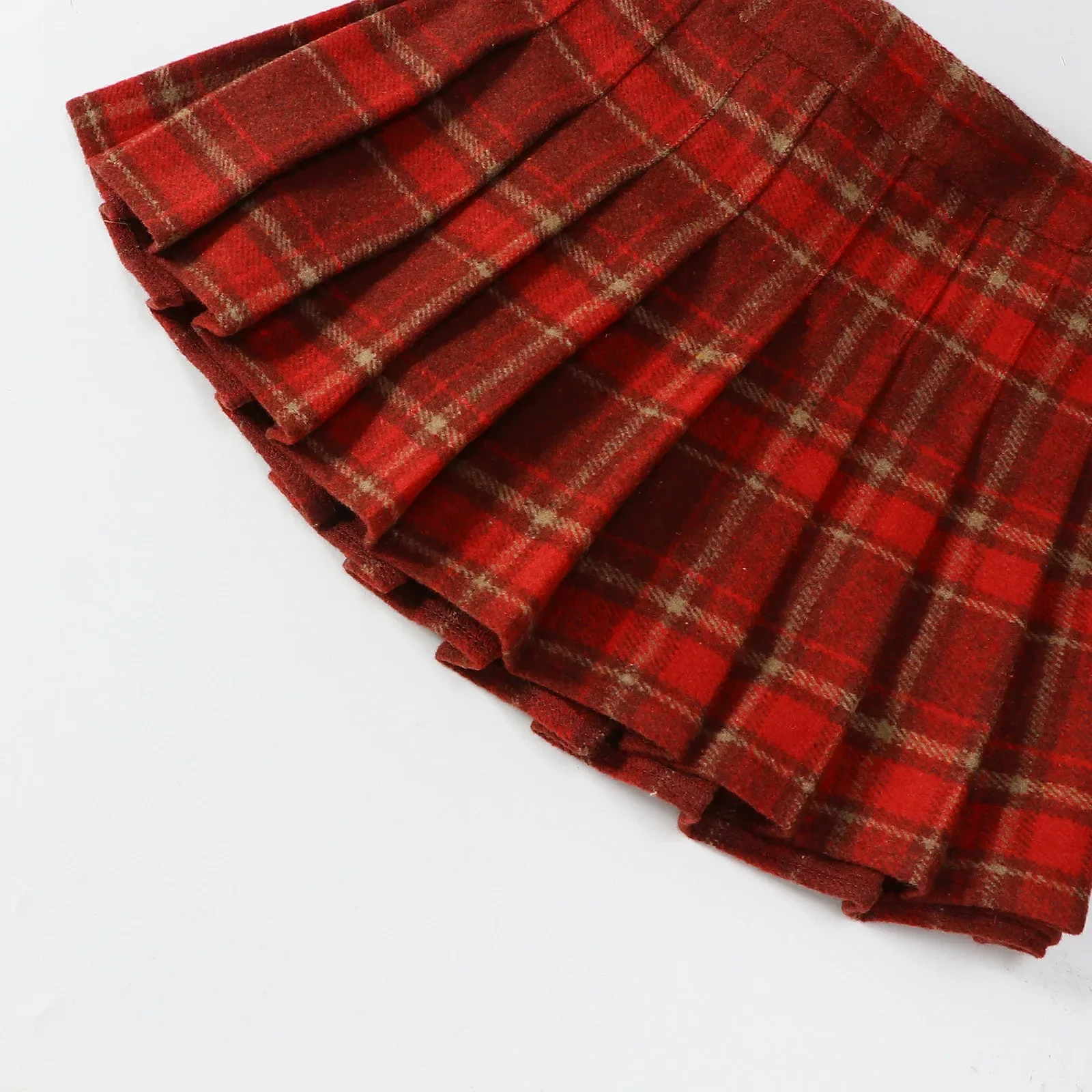 Girls Woolen Plaid Skirt Autumn Winter Thicken Warm A-line Short Skirt College Style Red New Year Christmas Costume Kids Clothes