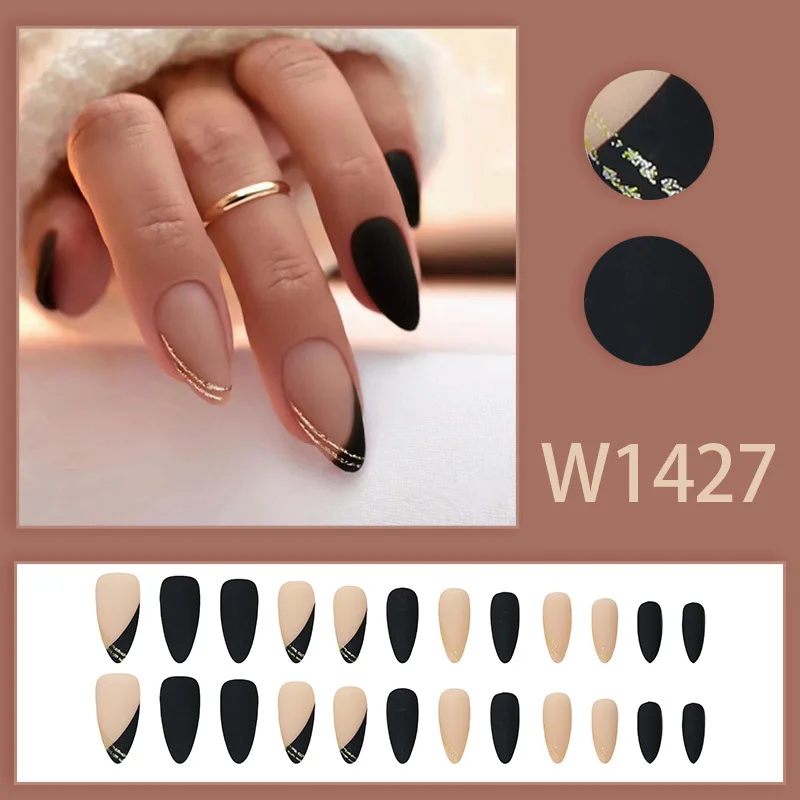 

24pcs Hand Nails Autumn and Winter Frosted Simple Fair French With Black and Gold Sweet Cool Girl Style Detachable Nail Tips