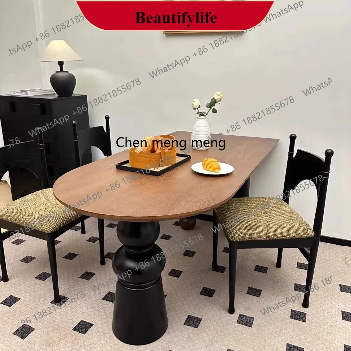 

G153 French retro solid wood dining table high-end slate creative semi-oval island full solid wood