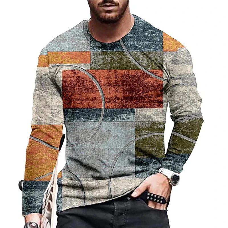 Vintage Men's Long Sleeve T-shirt 3D Printed Color Pattern Casual Fashion Streetwear Clothes For Men  Men's Breathable Loose Top