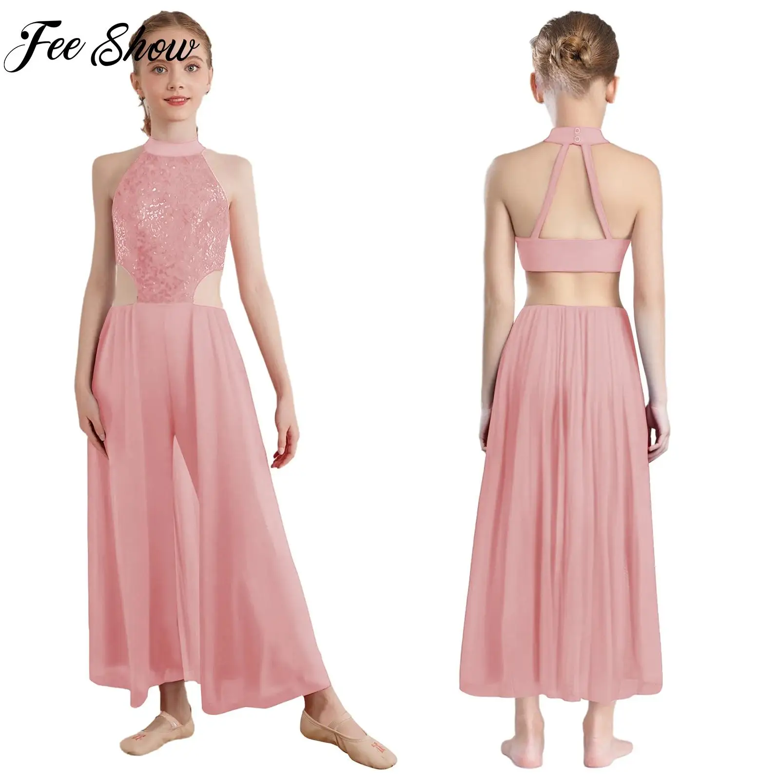 

Children Girls Latin Dance Costume Performance Competition Dancewear Shiny Sequins Halter Sleeveless Backless Skirted Jumpsuit