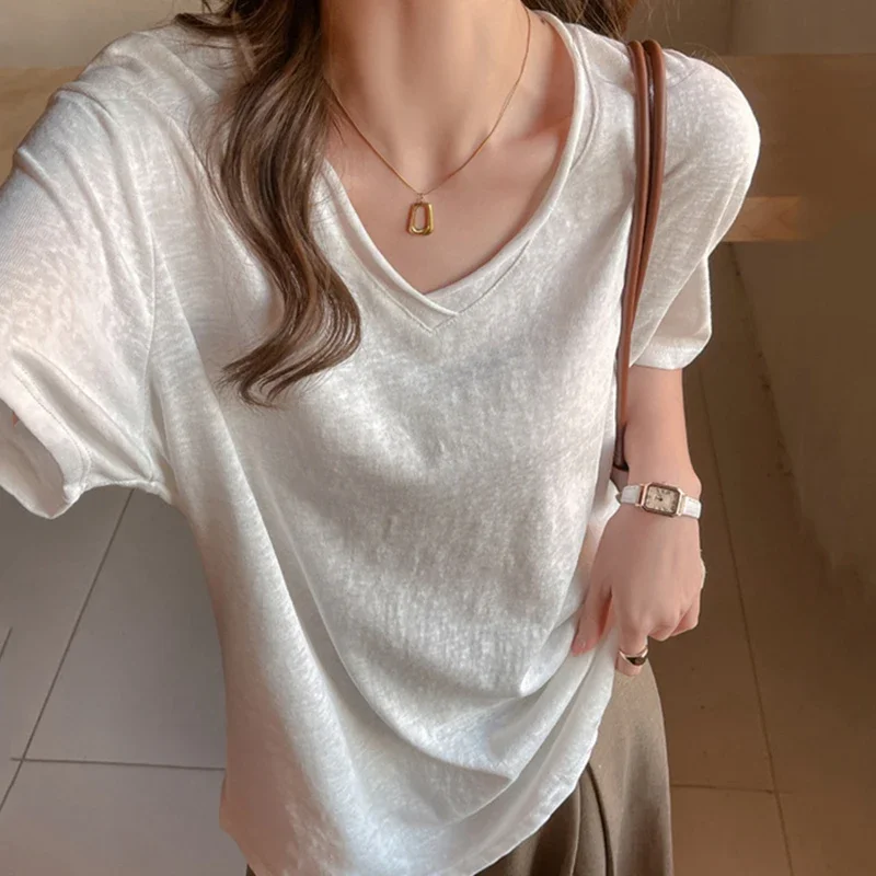 Summer Thin Rolled-up V-neck T-shirt Women Loose Breathable Short Sleeve Tees Woman Solid Cotton Blend Casual Oversized T-shirts