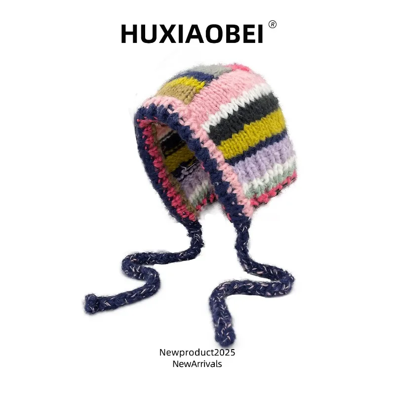 Korean Version Color Matching Dopamine Striped Pullover Knitted Hat Winter Warm Lace-up Ear Protector Balaclava Hats for Women's
