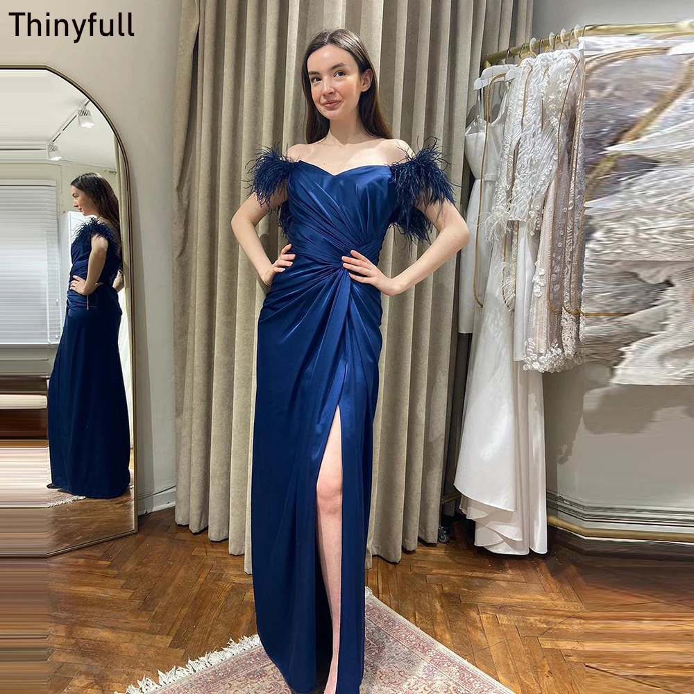 

Thinyfull Mermaid Elegant Prom Dress Off Shoulder Feathers Evening Party Gown 2023 Split Women Long Formal Event Dress