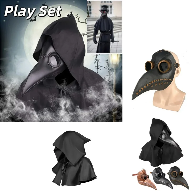 Cosplay Party Prop Medieval Plague Doctor Cosplay Costume for Halloween with Pointed Hat Cloak Bird Beak Mask and Hooded Cloak