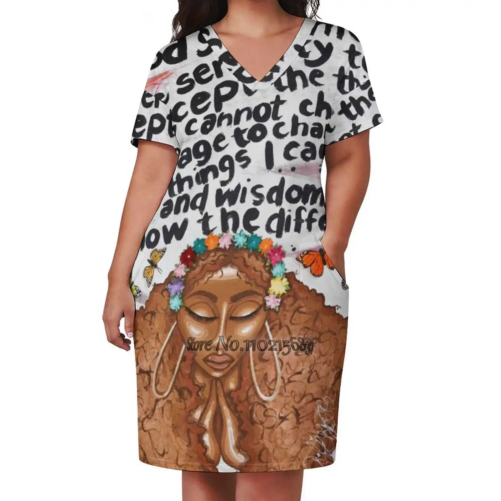 Serenity Prayer V-Neck Short Sleeve Skirt Slim Skirts Loose Elegant Fashion Dress 5Xl Aliya Michelle My Heart Your Art Afro Art