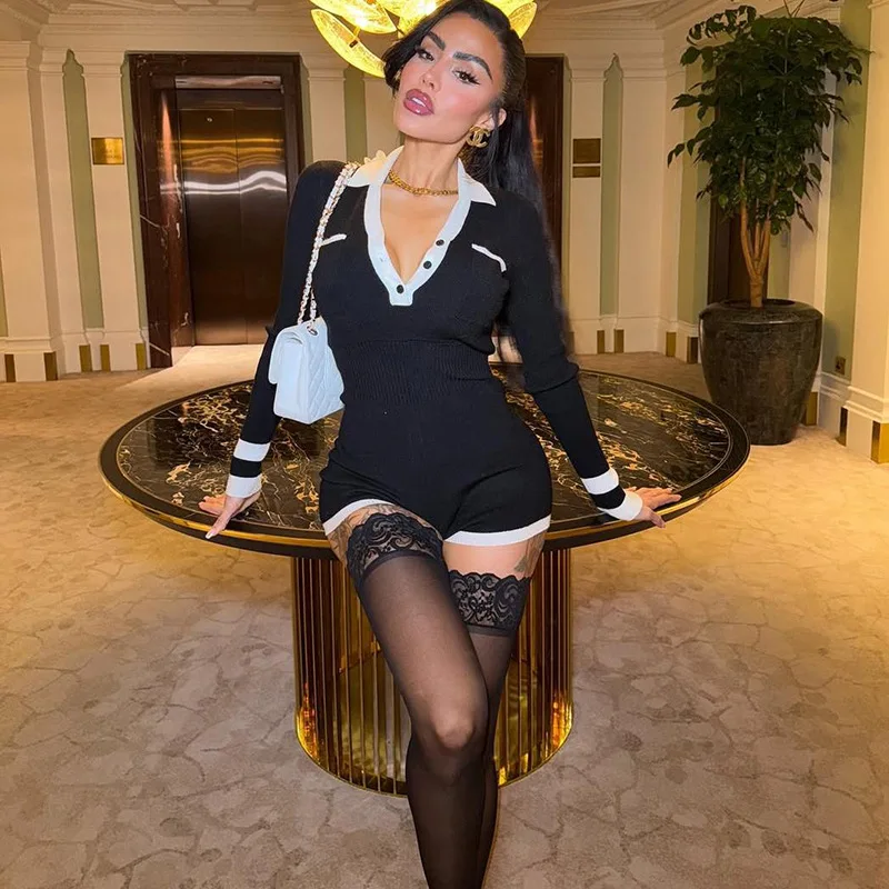 Color Patchwork Ribbed Skinny Playsuits 2025 Autumn Women Fashion Polo-neck Long Sleeve Buttons Slim Casual Rompers Streetwear