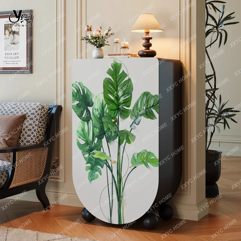 HHHHVintage Cream Style Lotus Solid Wood Four-Drawer Cabinet Living Room Wall-Mounted Entryway Decorative