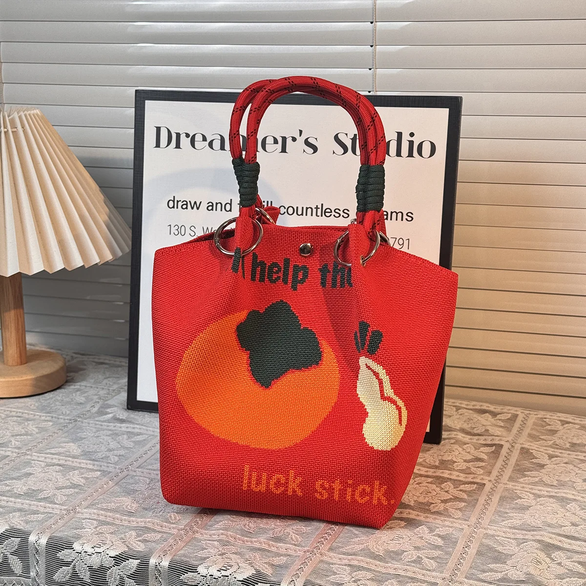 Chinese Year of the Horse Knitted Handbag, High-Quality Eco-Friendly Gift Bag with Blessings, Multifunctional Large-Capacity Tote Bag, Suitable for Gifting to Family, Friends, Classmates, Holiday Shopping, Fashionable Handbag, Daily Casual Outing, Carrying Essentials, Women's Bag